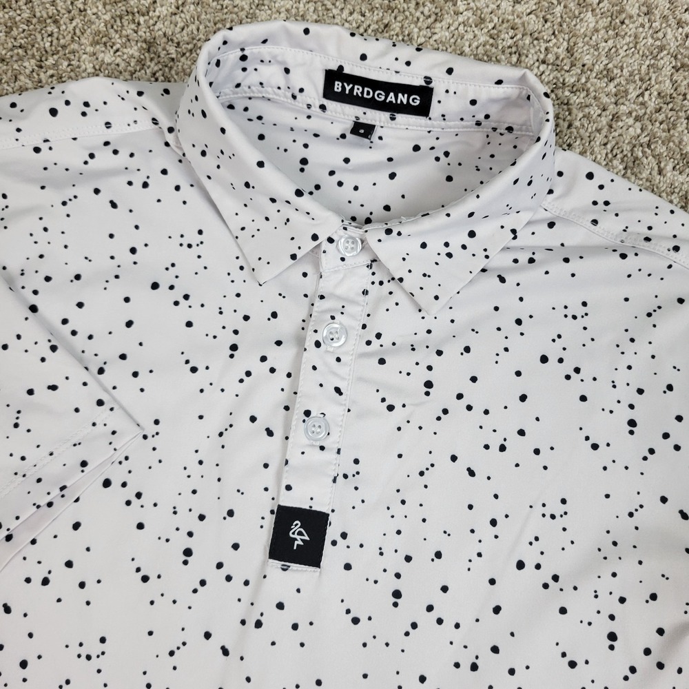 Byrdgang Mens Small White Paint Splatter Performance Stretch Golf Polo SS